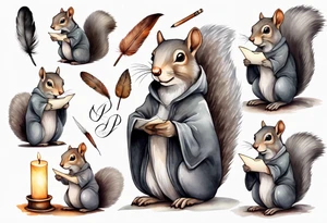 an elderly grey squirrel with a beard dressed in a grey cloak sitting in the dark holding a feather quill writing a letter by candlelight tattoo idea
