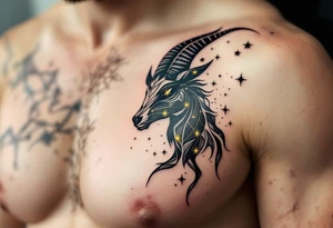 An abstract Capricorn with capricorn star constellation tattoo featuring bold black lines and radiant yellow stars scattered in the pattern tattoo idea