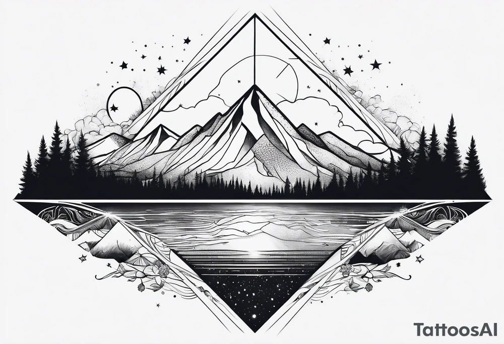 thick line art of space and nature in triangle shape tattoo idea