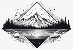 thick line art of space and nature in triangle shape tattoo idea