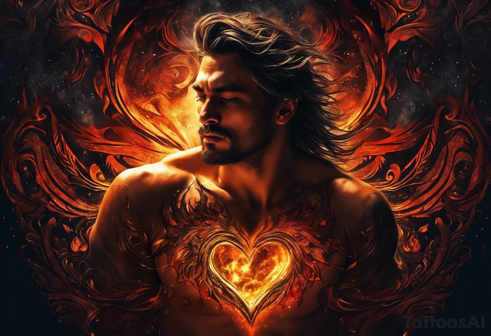 Creator for me a tatto design that consist in the following description, a man being held by the neck by his heart representing the emotions and fellings that make him stuck inside himself, on his side a beast represeting the rage and inner fury inside, glowing with all the mistakes that were made. On the other side a angelical creature, try to preserve the good side of him, and wanting him to follow a good path. tattoo idea