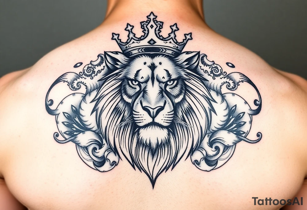 powerful majestic lion with a crown, surrounded by WAVES tattoo idea powerful majestic lion with a crown, surrounded by WAVES tattoo idea