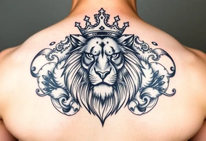 powerful majestic lion with a crown, surrounded by WAVES tattoo idea