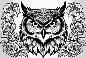An owl, a rose, a paw print tattoo idea