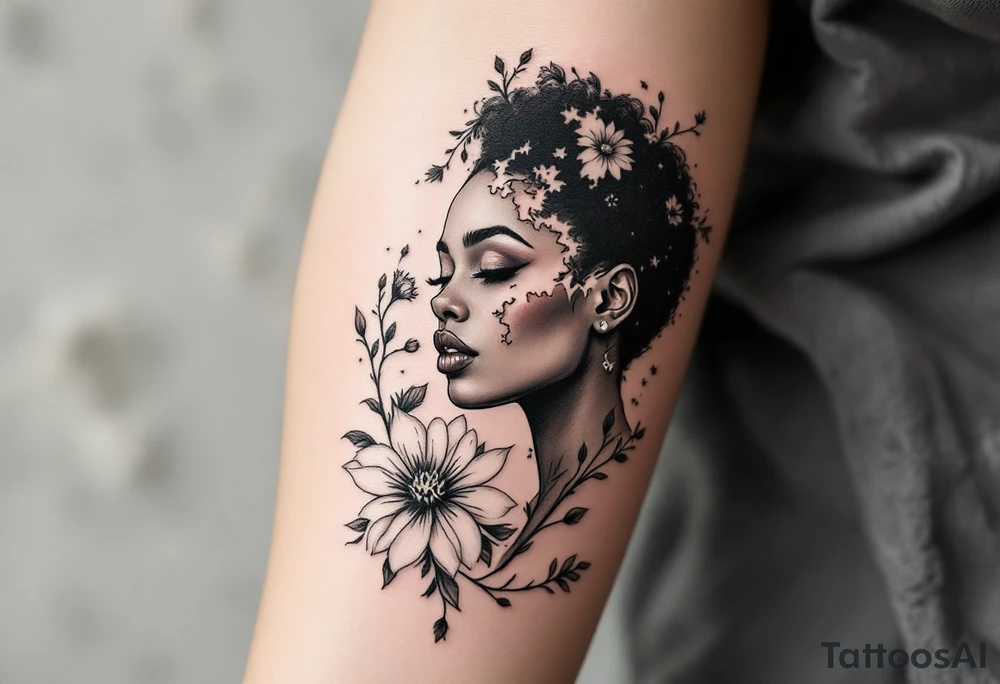 Broken black woman pieced back together surrounded by flowers tattoo idea