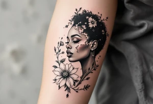 Broken black woman pieced back together surrounded by flowers tattoo idea