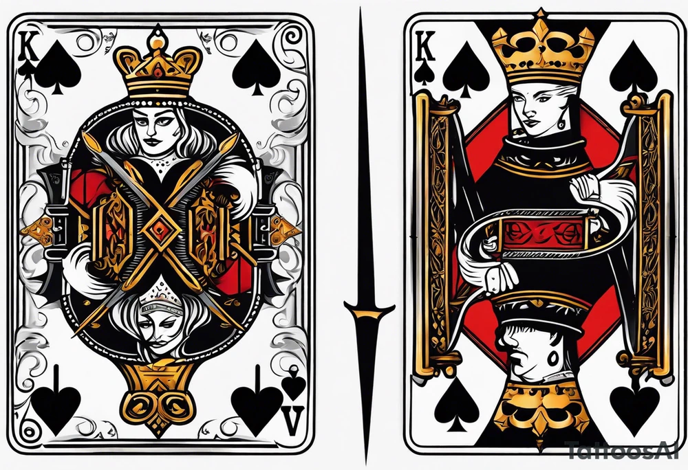 King, queen of spades cards with swords. Both cards together as a pair tattoo idea