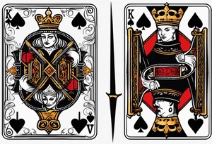King, queen of spades cards with swords. Both cards together as a pair tattoo idea