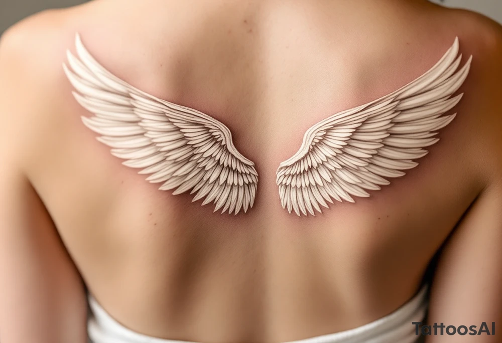 A pair of white angel wings spanning the back, representing spiritual freedom and protection. tattoo idea