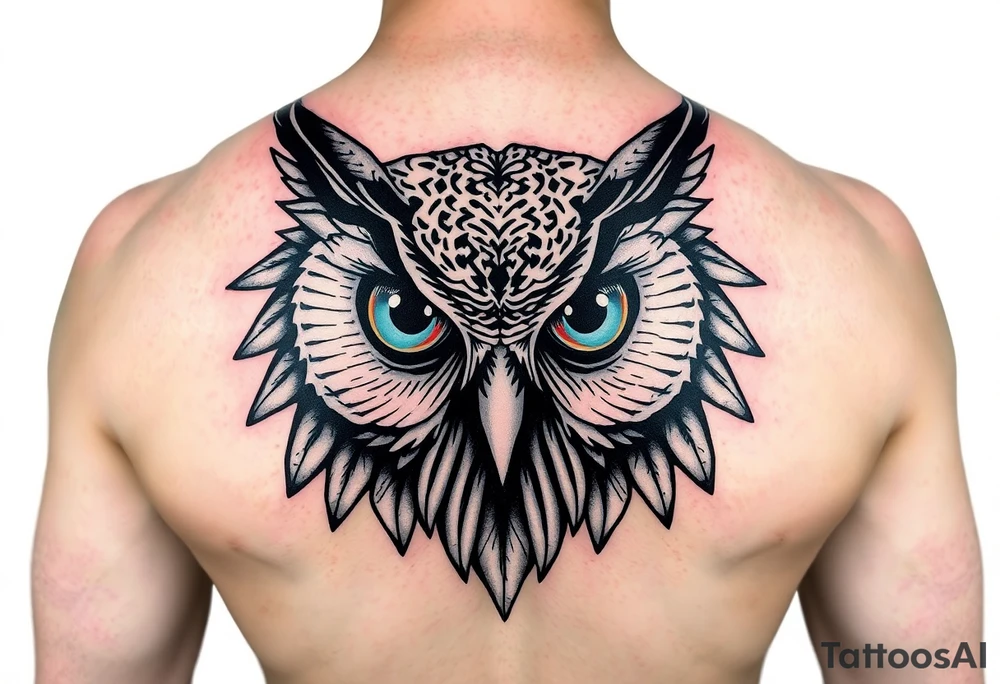 Abstract large colored tripping eye owl tattoo idea