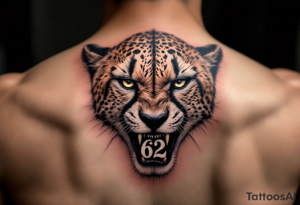 angry cheetah with the number 62 in its mouth tattoo idea