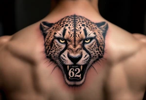 angry cheetah with the number 62 in its mouth tattoo idea