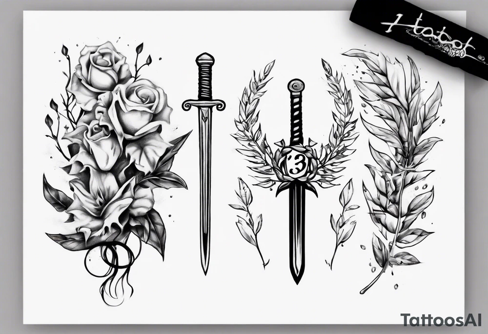 the number 13, a sword, a laurel leaf wreath, and amor fati. tattoo idea