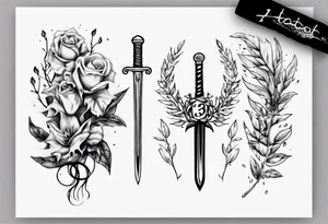 the number 13, a sword, a laurel leaf wreath, and amor fati. tattoo idea