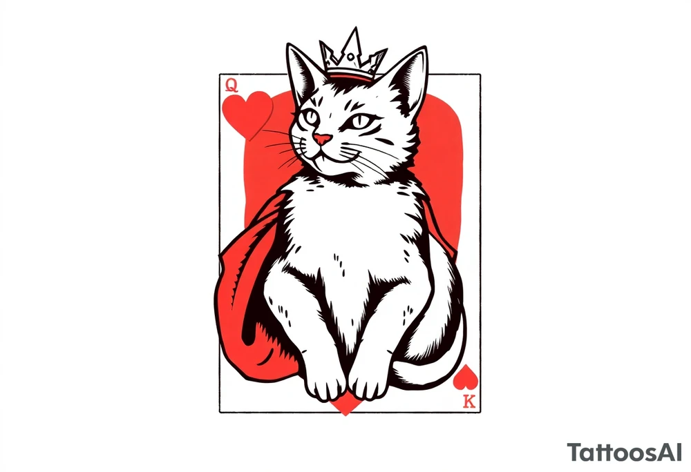 Put a cat on a playing card, king of hearts. Make the cat the king of hearts tattoo idea