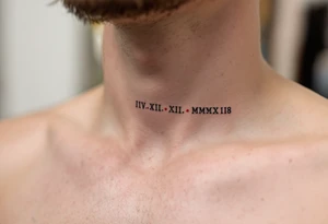 VIII.XII.MMXVIII in thick black font circling the neck like a collar, with small ruby red dots separating the numerals. tattoo idea