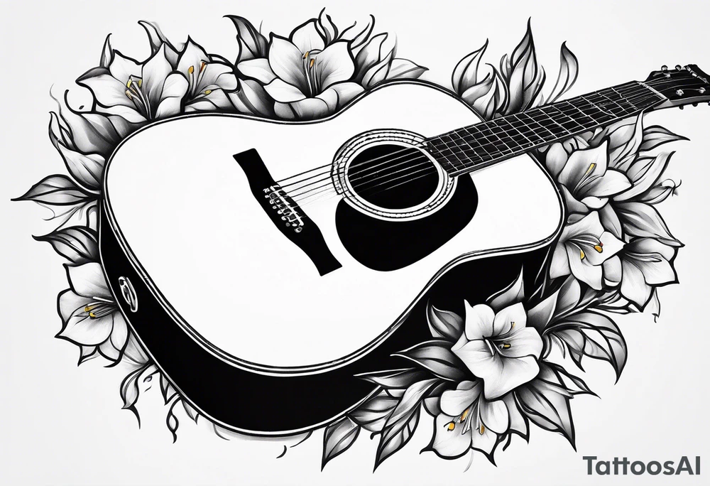 basic black acoustic guitar wrapped with lilies around the neck, with a simple black star on the guitar body. tattoo idea