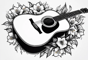 basic black acoustic guitar wrapped with lilies around the neck, with a simple black star on the guitar body. tattoo idea