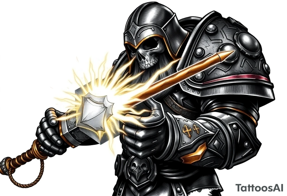 Warhammer, the Old World. A warrior priest of Sigmar holding The Warhammer of Sigmar. The Warhammer of Sigmar is radiating thunderous energy. The Warhammer is held by the warrior priest with both hands at the shaft with a firm grip, upon his chest level. The Warrior priest is wearing dark alloyed heavy armour (reference armor from warhammer vermintide 2 Victor Saltzpyres, the warrior priest of Sigmar class) with skull sigils on his shoulder pads. The warrior priest is wearing a helmet, while the helmets front visor has an humanoid metal face covering. The helmet and armour are gladened with hints of gold and crimson red. The Warhammer is silverish and golden with a long shaft with twisted carvings. tattoo idea