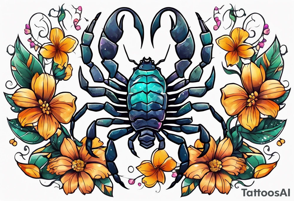 Large scorpion with flowers and butterflies tattoo idea