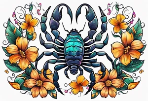 Large scorpion with flowers and butterflies tattoo idea