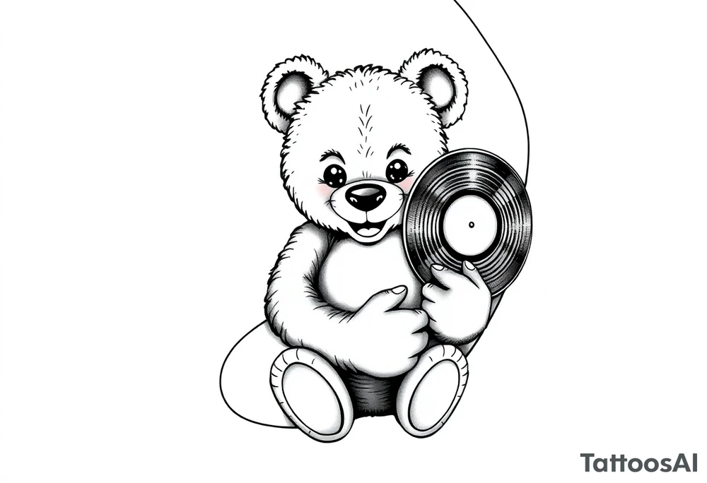 smiling cartoon teddy bear holding a vinyl record tattoo idea