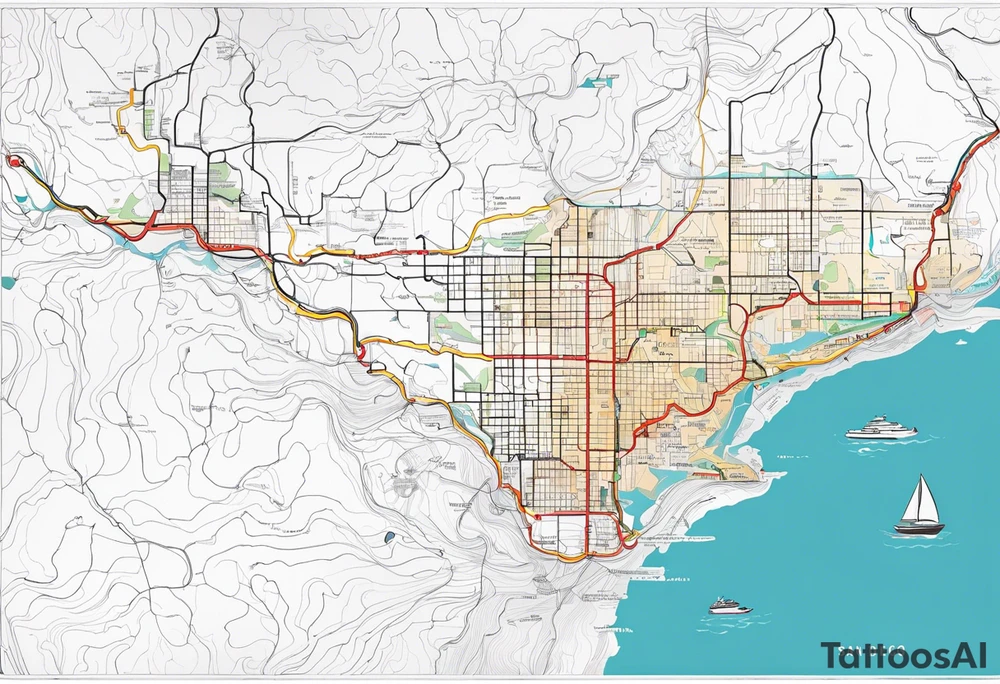 The exact Route from San Francisco to San Diego as a Single Line on the Streetmap from California, without any other Details tattoo idea