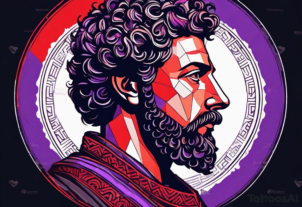 The Face of marcus aurelius with the lower left half missing. He is looking slightly away at 25 degrees. Geometric symbols framing the background. The background has small color splashes of red and purple. tattoo idea
