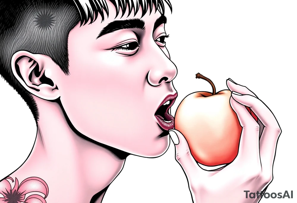 Handsome Asian young guy tasting an apple tattoo idea