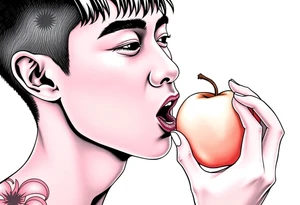 Handsome Asian young guy tasting an apple tattoo idea