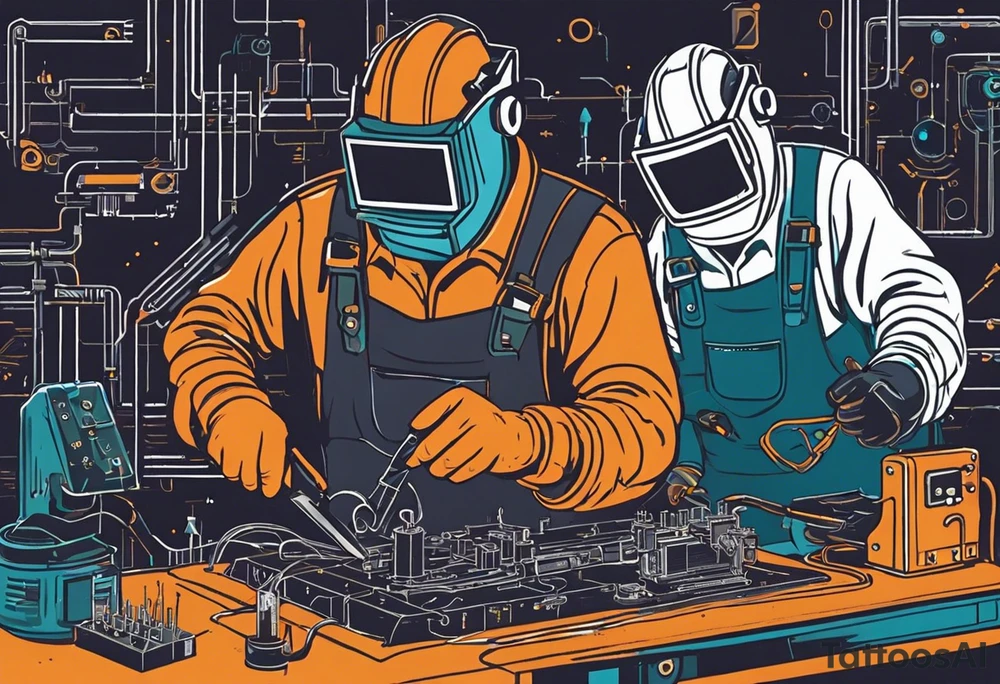 Two 60-year-old characters working together on creating a big mechanism made of iron and electronic circuits. The first character is a welder, dressed in a welding suit and mask. The second character is a fitter, wearing a shirt with sleeves rolled up to the forearms and a tool belt. No hat. The mechanism they are working on should be in the center of the drawing, should look like a heart and to be 1\5 of the whole immage.  Characters positioned on either side of the mechanism. The sketch should convey a sense of teamwork and craftsmanship tattoo idea