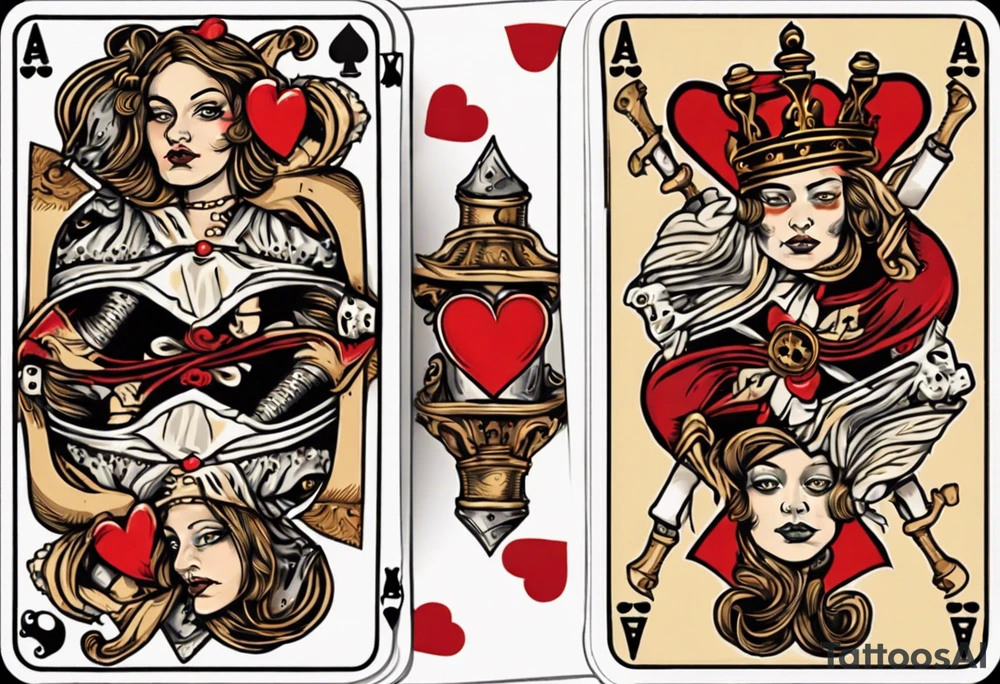 A playing card that is the queen of hearts. The two faces on the card are famous pirates Mary Read and Anne Bonny tattoo idea