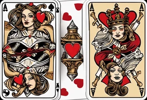 A playing card that is the queen of hearts. The two faces on the card are famous pirates Mary Read and Anne Bonny tattoo idea