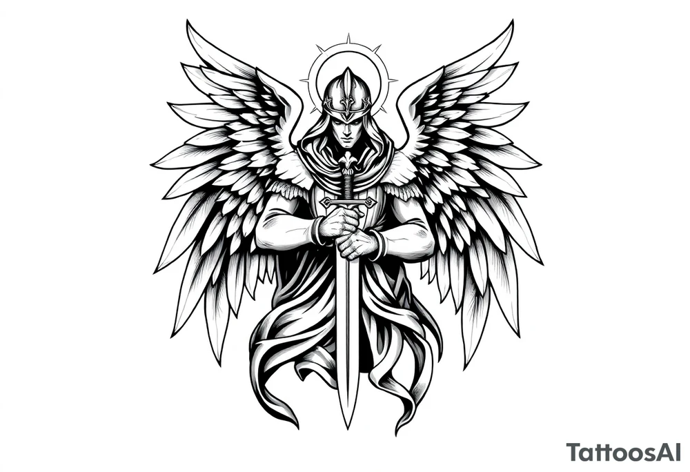 Holy Archangel, Biblical, Christianity, Hebrew, Guards of Christianity, Holding a sword, has six wings, wearing helmet, halo, seraphim, seek justice, walk only with God tattoo idea