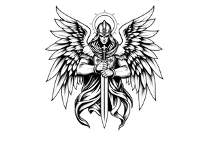 Holy Archangel, Biblical, Christianity, Hebrew, Guards of Christianity, Holding a sword, has six wings, wearing helmet, halo, seraphim, seek justice, walk only with God tattoo idea