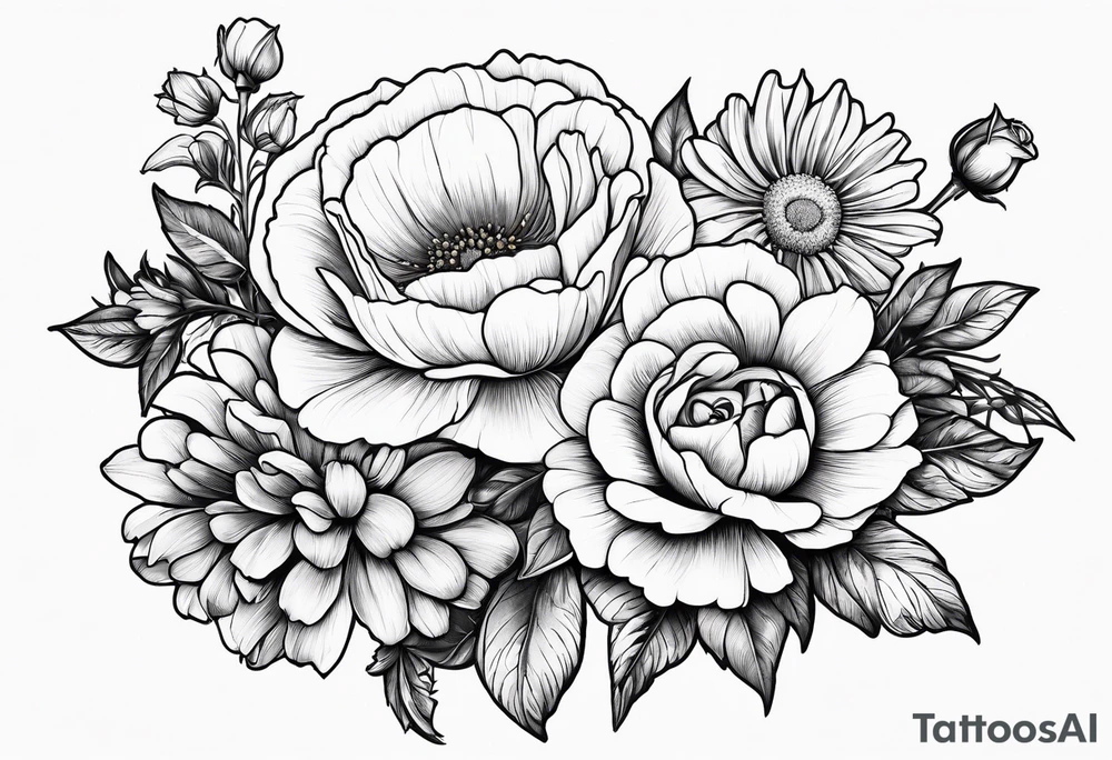 Roses, marigolds, cosmos, daisies, sweet peas tattoo idea