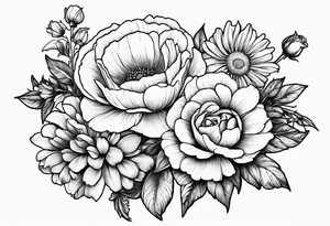 Roses, marigolds, cosmos, daisies, sweet peas tattoo idea