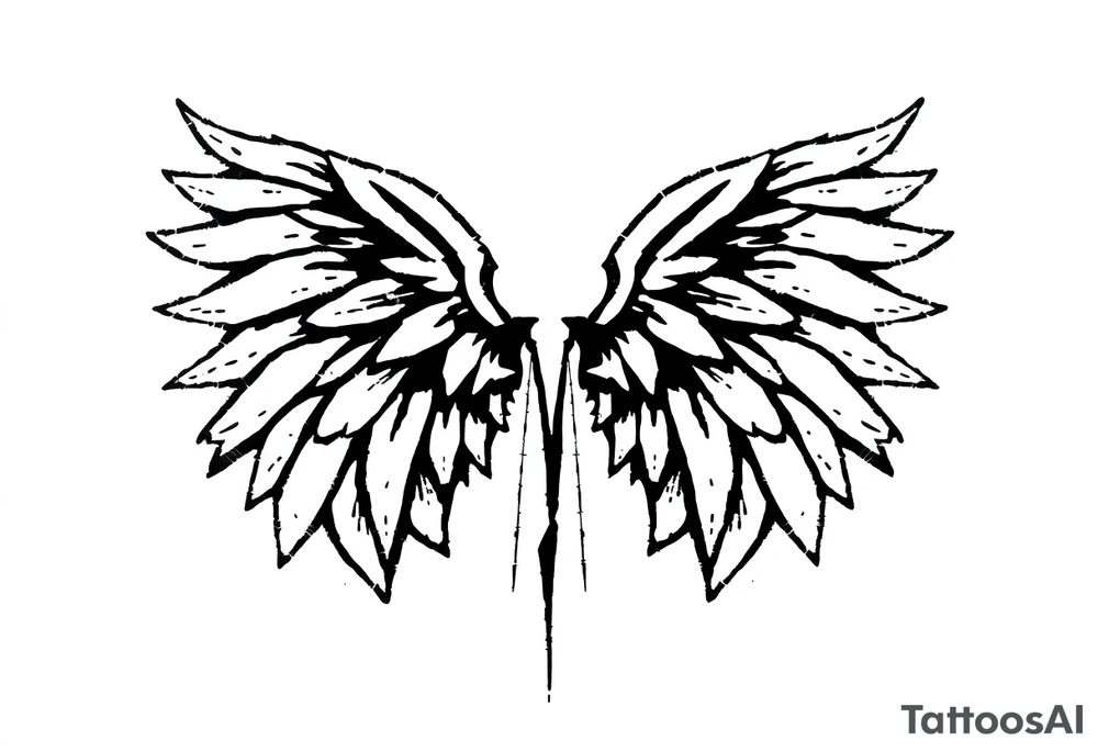 This tattoo design features a pair of stylized wings drawn in black ink with a sketch-like, abstract aesthetic. The wings are composed of sharp, angular feathers with jagged edges, giving them a rough, almost tribal or gothic appearance. The shading is done with a mix of soft gradients and stippling, adding depth and texture to the design. The center where the wings meet is fragmented, with thin lines extending downward, creating a sense of movement and raw energy. This design would make for a bold and edgy tattoo, symbolizing freedom, strength, or a rebellious spirit. tattoo idea