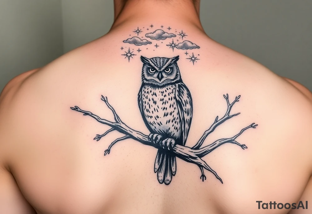 wise owl perched on ancient oak branch under starlit sky tattoo idea