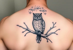 wise owl perched on ancient oak branch under starlit sky tattoo idea