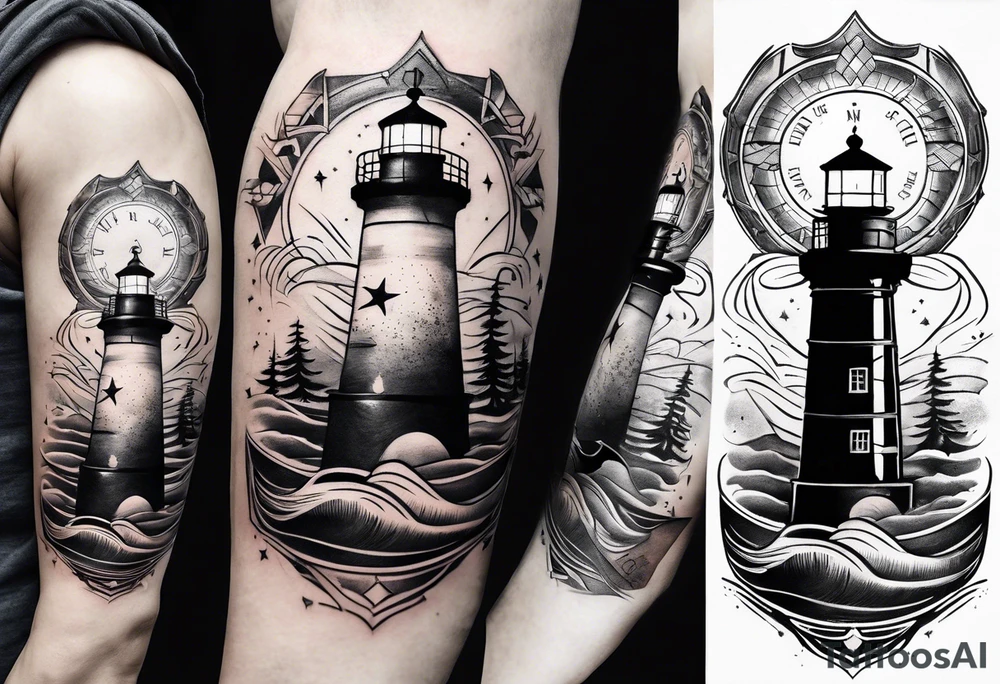 minimalist open book with a lighthouse in the middle and a compass to wrap around forearm tattoo idea