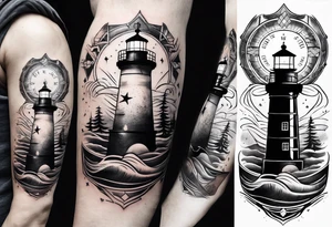 minimalist open book with a lighthouse in the middle and a compass to wrap around forearm tattoo idea