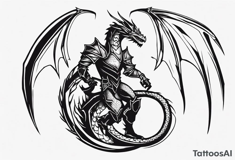 a simple wyvern with a dragon rider human in dragon armor tattoo idea