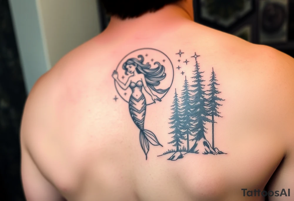 color tattoo on shoulder mermaid and forest around with starry sky tattoo idea