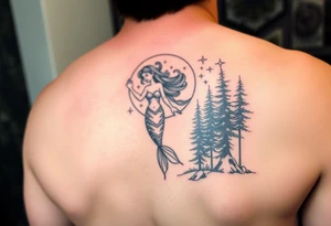 color tattoo on shoulder mermaid and forest around with starry sky tattoo idea