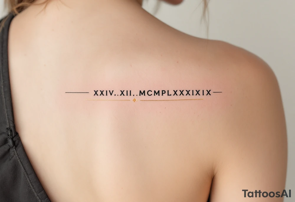 lassic XXIV.XII.MCMLXXXIX across the back in solid black with gold accent lines running underneath. tattoo idea