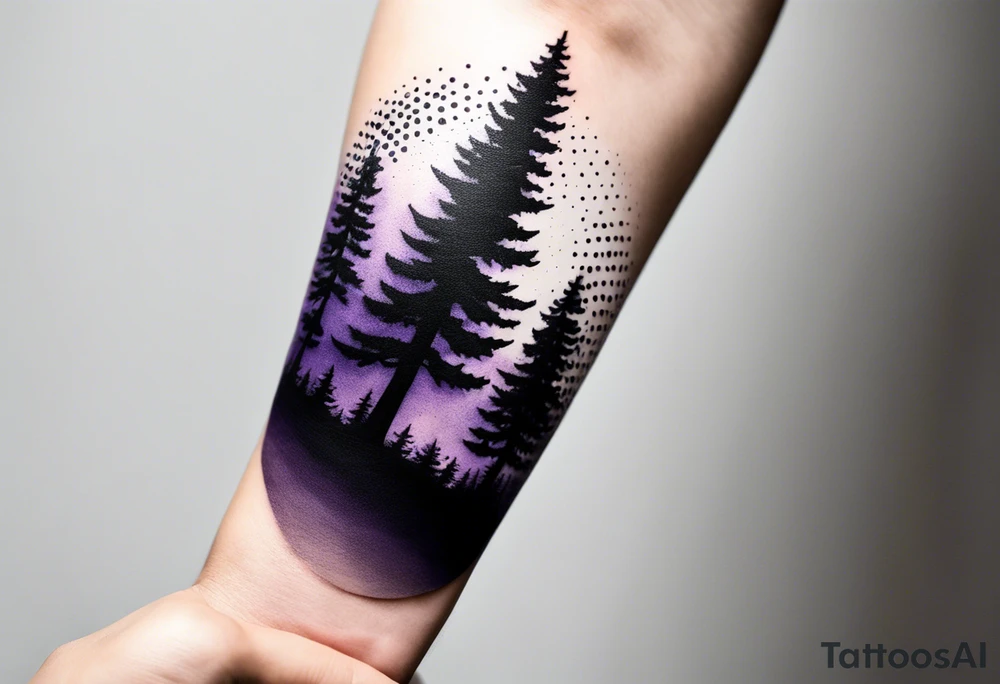 forest, abstract, on hand, no people, purple and black, full, whole wrist wrapped, filled, blackwork tattoo idea