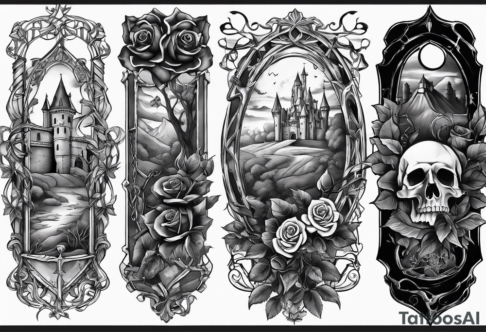tattoo fool sleeve, old broken gothic castle, broken sword, tree roots break out of the chains, roses tattoo idea