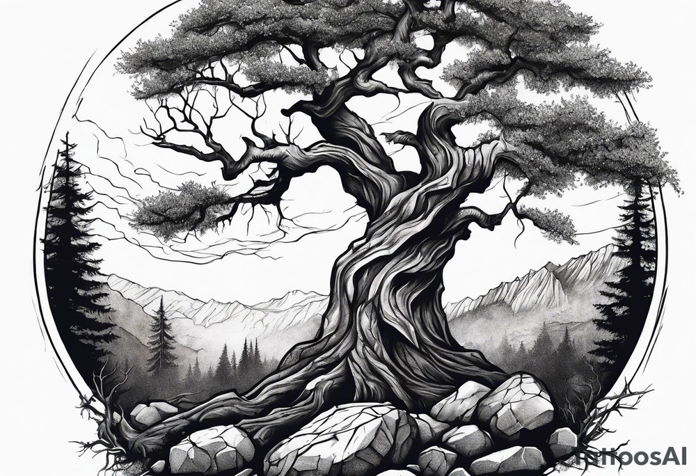 dead looking tree with rocks.  not spooky tattoo idea