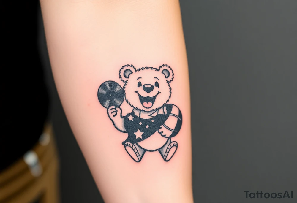 happy cartoon bear holding a vinyl record tattoo idea